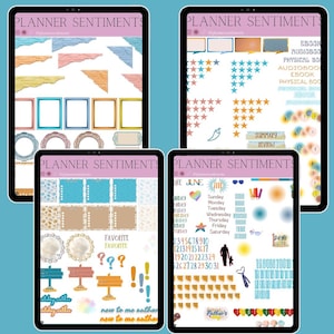 May include: Four digital tablet screens displaying planner elements. The screens show various digital stickers, frames, and calendar layouts. The text "PLANNER SENTIMENTS" is at the top of each screen. The color palette includes blue, pink, orange, and brown.
