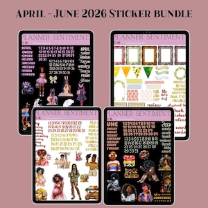 May include: A digital sticker bundle for April-June 2026, featuring four tablets with planner stickers. The stickers include calendar dates, decorative elements, and illustrations of women and other graphics. The background is a light pink color.