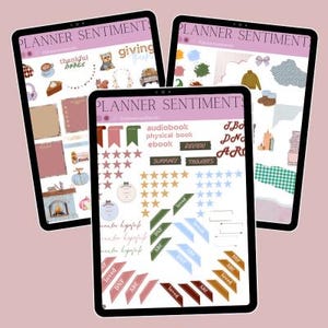 May include: Three digital planner pages with stickers for book lovers. The pages feature stickers with text like "audiobook", "physical book", "ebook", "review", "summary", "thoughts", "DNF", "ARC", "loved", and "J. Book, D. Not, A. Read".
