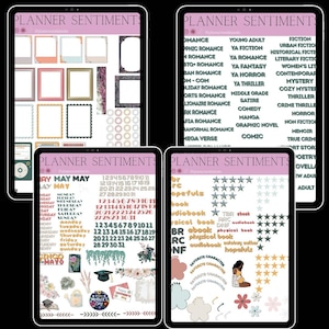 May include: Four digital planner screens with different themes. The first screen has a pink background with a variety of frames and borders. The second screen has a green background with a list of book genres. The third screen has a pink background with a calendar for the month of May and various stickers. The fourth screen has a white background with a variety of stickers, including stars, hearts, and a woman holding a book.