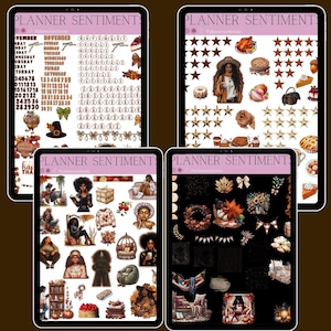 May include: Four digital planner sticker sheets displayed on tablets. The sheets feature fall-themed illustrations, including pumpkins, leaves, and people. The text "PLANNER SENTIMENT" is at the top of each sheet.