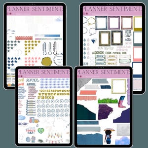 Op de afbeelding: Vier digitale plannerpagina's met verschillende stickers en elementen voor april. De pagina's bevatten een kalender, een takenlijst, een pagina met verschillende vormen en frames, en een pagina met een selectie stickers, waaronder wolken, sterren en een thermometer.