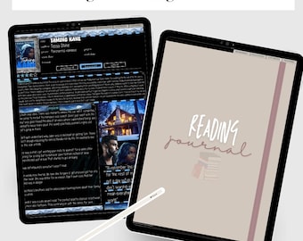 May include: Two digital tablets, one displaying a book review for "Taming Kane" by Tessa Stone, and the other displaying a digital reading journal with the text "READING journal".