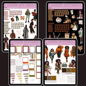 May include: A digital sticker sheet collection titled PLANNER SENTIMENTS featuring autumn-themed illustrations, including diverse figures in seasonal clothing, calendar dates for September, various rectangular frames, and small decorative leaf icons.