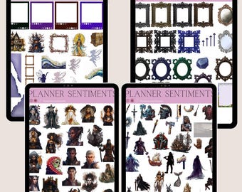 May include: Four digital planner sticker sheets displayed on tablets. The sheets feature various fantasy-themed illustrations, including frames, fairies, witches, and medieval weaponry. The text "PLANNER SENTIMENTS" is at the top of each sheet.