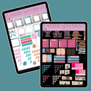 May include: Two digital tablets displaying Planner Sentiments sticker sheets. The left screen shows frames, colorful bars, and small icons. The right screen features text labels, star ratings, pink glitter boxes, and various book-themed graphic elements.