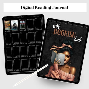 May include: Two black tablets displaying a digital reading journal. One tablet shows a book rating layout, the other features a woman reading with the text "my BOOKISH hub". A white stylus rests on the surface.