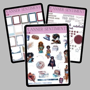 Könnte beinhalten: Drei digitale Tablets mit Planer-Stickern. Die Sticker zeigen Illustrationen von Frauen, Essen und Accessoires. Der Text enthält "Planner Sentiments", "book" und "Kindle". Die Farbpalette umfasst Rosa, Blau und Braun.