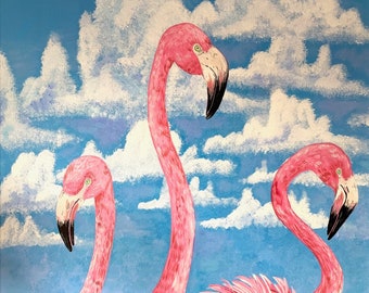 Three in the Pink! pink flamingos, flamingo painting, print on canvas, original artwork, animal art