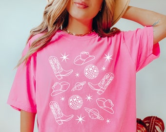 Space Cowgirl Shirt Comfort Colors® Tshirt Cosmic Cowgirl Shirt Pink Cowgirl Shirt Cowboy Boots Shirt Yeehaw Shirt Howdy Shirt Western Tee