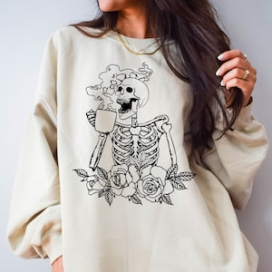 Coffee Skeleton Sweatshirt Hot Coffee Skeleton Crewneck Staying Alive Shirt Skeleton Drinking Sweater Fall Coffee Shirt Halloween Clothes