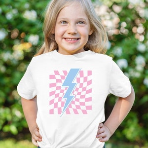 Kids Lightning Bolt Tshirt - Blue Bolt with Pink Checkers