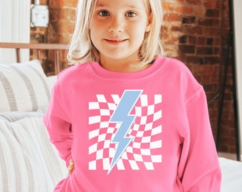 Kids Lightning Bolt Sweatshirt Lightning Sweater Toddler Sweatshirt Lightning Crewneck Preppy Kids Checkered Shirt Trendy Kids Clothes Youth