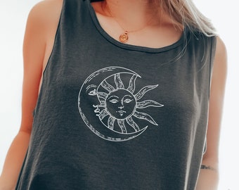 Camiseta sin mangas Comfort Colors® Camiseta de sol y luna Camiseta mística Camiseta celestial Camiseta sin mangas extragrande Camiseta sin mangas de bruja Camiseta de sol y luna Camiseta bohemia de playa