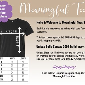 May include: A black t-shirt with a size chart showing width and length measurements in inches. The chart includes sizes S, M, L, XL, 2XL, and 3XL. The text "Meaningful Tees" is at the top of the image. The text "Unisex Bella Canvas 3001 Tshirt (100% Cotton)" is in the middle of the image. The text "Hello & Welcome to Meaningful Tees Shop!" is at the top of the image. The text "Happy Shopping!" is at the bottom of the image.