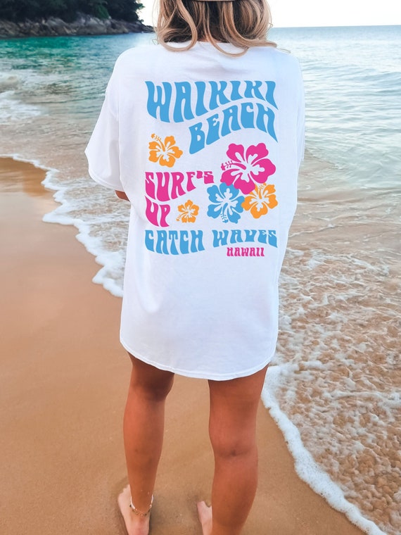 Hawaii T Shirt, Surf Waikiki Beach Colorful Retro Print Tee Hawaii T Shirt, Surf Waikiki Beach Colorful Retro Print Tee
