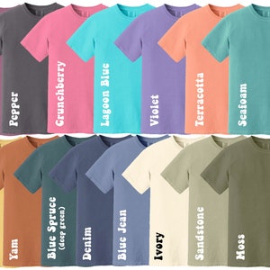 May include: A collection of 16 t-shirts in various colors, including berry, pepper, crunchberry, lagoon blue, violet, terracotta, seafoam, mustard, yam, blue spruce, denim, blue jean, ivory, sandstone, and moss. Each shirt has a different color and a name printed on the side.