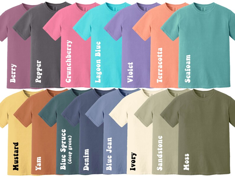 May include: A collection of 16 t-shirts in various colors, including berry, pepper, crunchberry, lagoon blue, violet, terracotta, seafoam, mustard, yam, blue spruce, denim, blue jean, ivory, sandstone, and moss. Each shirt has a different color and a name printed on the side.