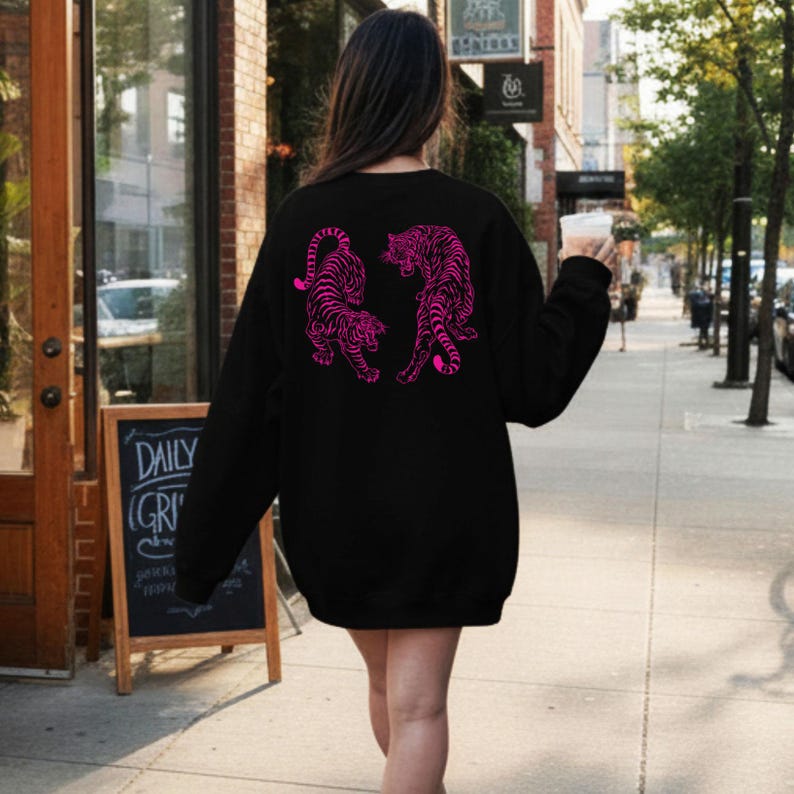 Tiger Hoodie Tiger Sweatshirt Tiger Sweater Pink Tiger Hoodie Sweatshirt Pink Graphic Hoodie Vintage Tiger Shirt Yin Yang Tigers Japanese Black Crewneck
