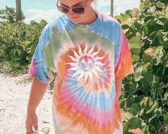 Remidoo Women's Sun & Moon Tie Dye T-Shirt - Round Neck Short Sleeve Casual Top, Brown Tie Dye, Size Small