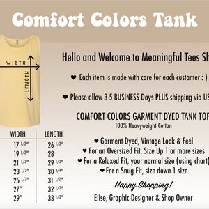 K&ouml;nnte beinhalten: Eine Tabelle mit der Gr&ouml;&szlig;e und den Ma&szlig;en eines gelben Tanktops. Die Tabelle enth&auml;lt die Gr&ouml;&szlig;e, die Breite und die L&auml;nge des Tanktops in Zoll. Der Text "Comfort Colors Garment Dyed Tank Top 100% Heavyweight Cotton" befindet sich oben in der Tabelle.