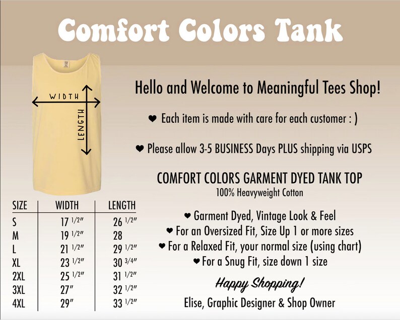 K&ouml;nnte beinhalten: Eine Tabelle mit der Gr&ouml;&szlig;e und den Ma&szlig;en eines gelben Tanktops. Die Tabelle enth&auml;lt die Gr&ouml;&szlig;e, die Breite und die L&auml;nge des Tanktops in Zoll. Der Text "Comfort Colors Garment Dyed Tank Top 100% Heavyweight Cotton" befindet sich oben in der Tabelle.