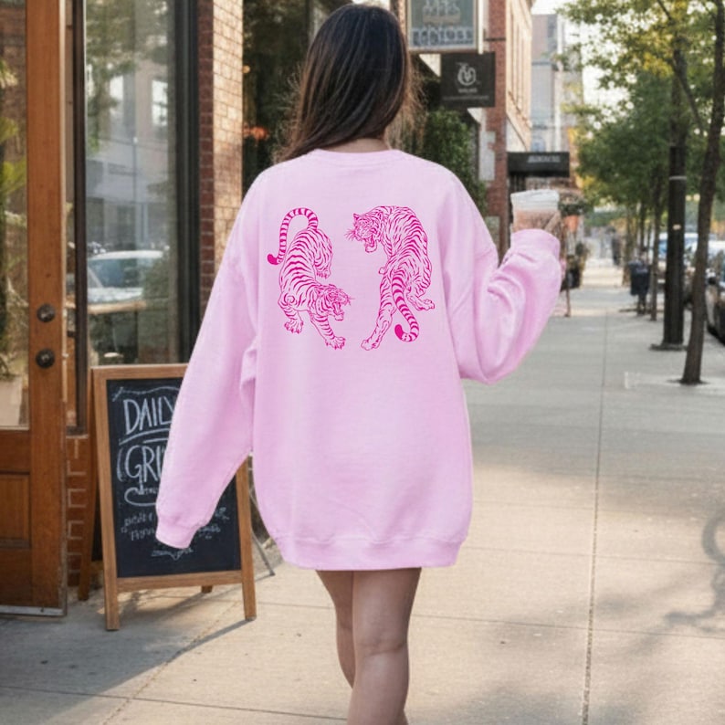 Tiger Hoodie Tiger Sweatshirt Tiger Sweater Pink Tiger Hoodie Sweatshirt Pink Graphic Hoodie Vintage Tiger Shirt Yin Yang Tigers Japanese Light Pink Crewneck