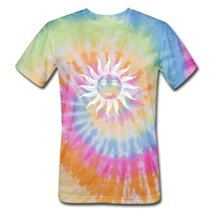 May include: A short-sleeved tie-dye t-shirt with a white sun graphic. The shirt features a spiral pattern in shades of yellow, green, blue, pink, and orange. The sun graphic has a face and is centered on the front of the shirt.