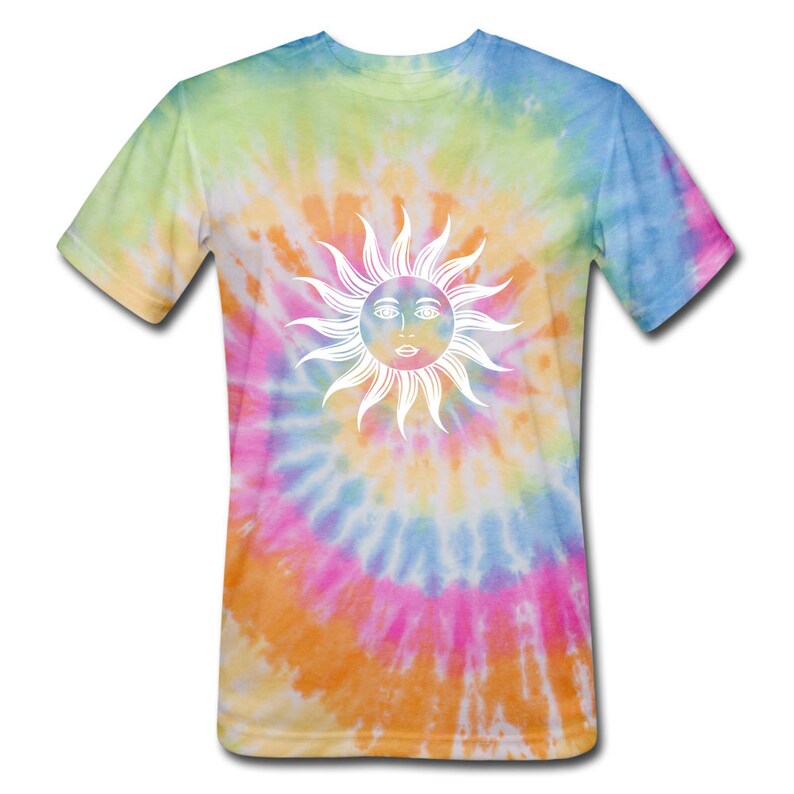 May include: A short-sleeved tie-dye t-shirt with a white sun graphic. The shirt features a spiral pattern in shades of yellow, green, blue, pink, and orange. The sun graphic has a face and is centered on the front of the shirt.