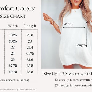 May include: Size chart for a white t-shirt with measurements in inches for width and length. The chart shows sizes S through 4XL. The text "Size Up 2-3 Sizes to get this Look!" is below the chart.  "(2 sizes up is most common)" and "(3 sizes up is more dramatic)" are below the text.