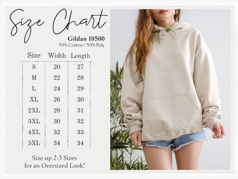 K&ouml;nnte beinhalten: Ein beigefarbener Kapuzenpullover mit K&auml;ngurutasche und Kapuzenkordel. Das Bild enth&auml;lt eine Gr&ouml;&szlig;entabelle f&uuml;r das Modell Gildan 18500, die die Gr&ouml;&szlig;en S bis 5XL mit den entsprechenden Breiten- und L&auml;ngenma&szlig;en in Zoll f&uuml;r dieses Mischgewebe auflistet.