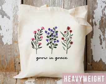 Grow In Grace Floral Tote Bag Christian Tote Bag Flower Tote Bag Christian Bible Tote Bag Jesus Tote Bag Christian Merch Trendy Wildflower