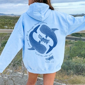 Christian Whale Shark Hoodie Sweatshirt Christian Message Christian Whale Shark Sweatshirt Deep Waters Hoodie Shark Bible Verse Isaiah 43 2 Light Blue Hoodie