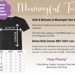 May include: A black t-shirt with a size chart showing width and length measurements in inches. The chart includes sizes S, M, L, XL, 2XL, and 3XL. The text "Meaningful Tees" is at the top of the image. The text "Unisex Bella Canvas 3001 Tshirt (100% Cotton)" is also included in the image.