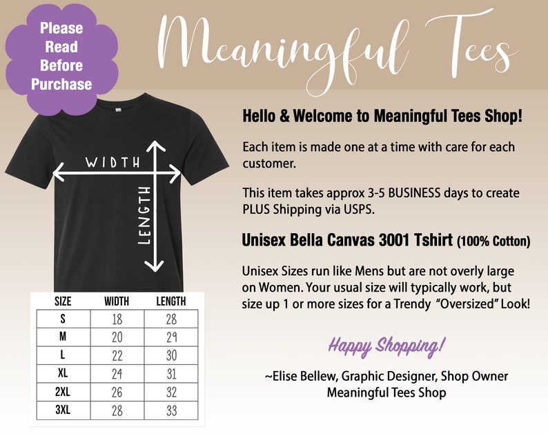 May include: A black t-shirt with a size chart showing width and length measurements in inches. The chart includes sizes S, M, L, XL, 2XL, and 3XL. The text "Meaningful Tees" is at the top of the image. The text "Unisex Bella Canvas 3001 Tshirt (100% Cotton)" is also included in the image.