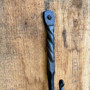 May include: A black metal hook with a twisted design. The hook is mounted on a wooden surface.