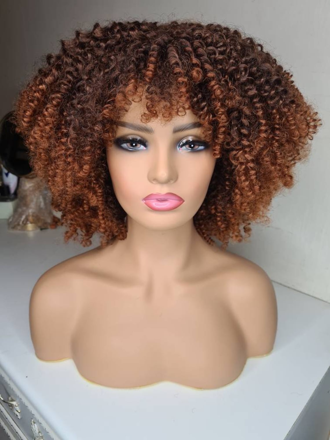 Synthetic Afro Kinky Curly Wig With Bang Fringe In Brown Made Of High Temperature Fibres Etsy
