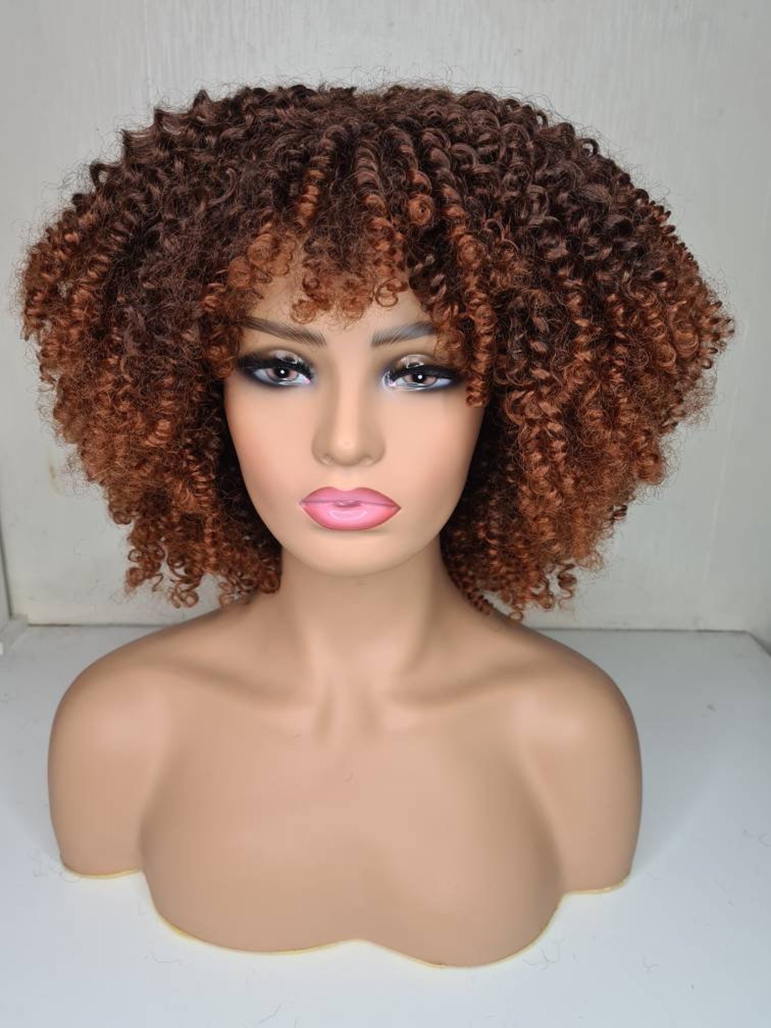 Synthetic Afro Kinky Curly Wig With Bang Fringe In Brown Made Etsy
