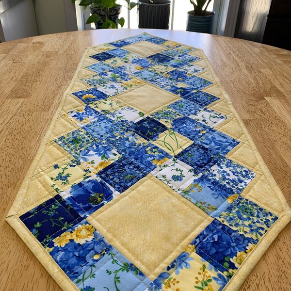 Yellow Blue Floral Table Runner/Quilted Table Runner/ Spring Summer Table Runner/ Farmhouse Table Runner/ Table Runner Decor