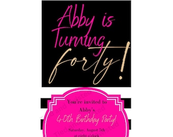 40th Birthday Invitation Printable Kate Spade Inspired Black White Pink Template