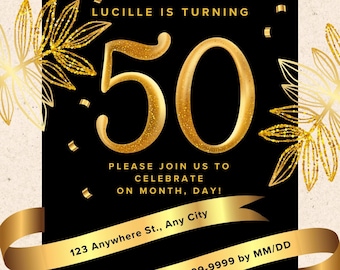 Printable 50th Birthday Invitation Black and Gold Customizable Template PNG Download