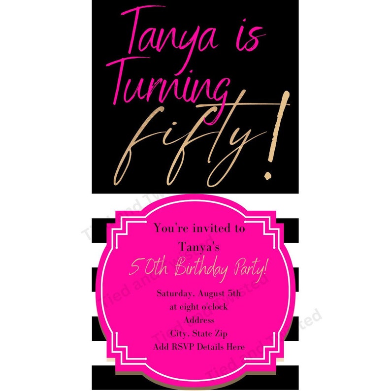 50th Birthday Invitation Printable Kate Spade Inspired Black White Pink ...