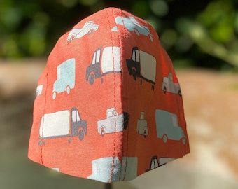 Children’s Hand Made Printed 100% Cotton Face Masks; Comfortable; Reusable, Washable; Child Size; Orange Cars and Trucks