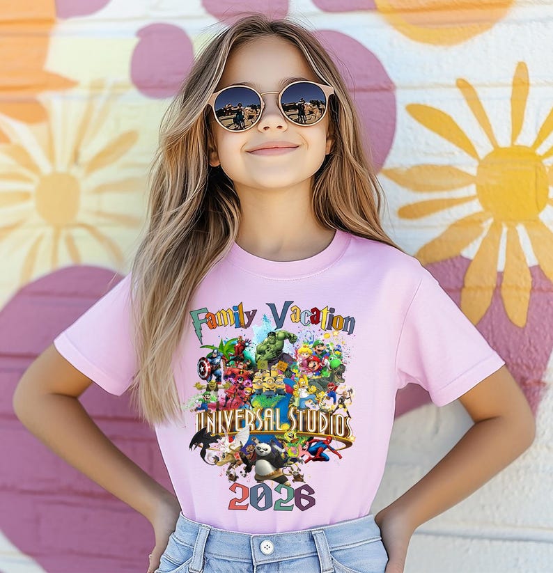 Op de afbeelding: Lichtroze T-shirt met de tekst "Family Vacation" en "Universal Studios 2026", versierd met stripfiguren. Het meisje draagt een zonnebril. De achtergrond is een kleurrijke muurschildering.