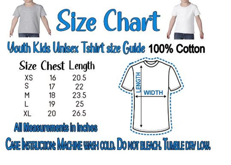 Op de afbeelding: Een maattabel voor unisex T-shirts voor kinderen, metingen in inches. De tabel bevat maten XS tot XL, met borst- en lengtematen. De afbeelding toont ook een diagram van een T-shirt met lengte- en breedte labels.