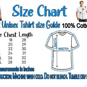 Op de afbeelding: Maattabel voor unisex T-shirts voor volwassenen. Afmetingen in inches voor borst en lengte, van maat S tot 3XL. Onderhoudsinstructie: machinewas koud, niet bleken, drogen in de droger op lage temperatuur.