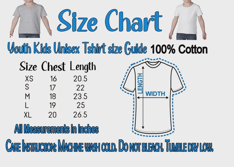 May include: A youth unisex t-shirt size chart featuring a diagram of a t-shirt with length and width arrows. The chart lists sizes XS through XL with chest and length measurements in inches. Text includes 100% Cotton and care instructions.