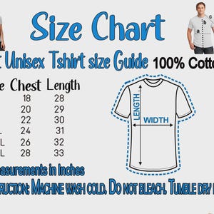 May include: A size chart for an adult unisex t-shirt made of 100% cotton. The chart displays sizes S through 3XL with corresponding chest and length measurements in inches. It includes a diagram of a t-shirt with length and width arrows.