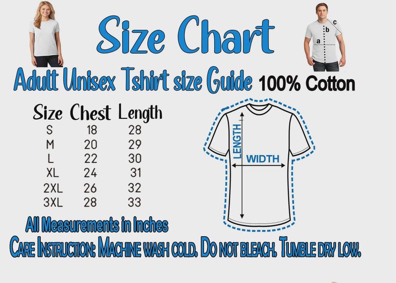 May include: A size chart for an adult unisex t-shirt made of 100% cotton. The chart displays sizes S through 3XL with corresponding chest and length measurements in inches. It includes a diagram of a t-shirt with length and width arrows.