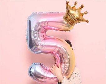 Large Rainbow Crown Number Foil Balloons (27 Inches), Giant Rainbow Number Balloon, 1st Birthday, Birthday Balloons, Mylar Number Balloons